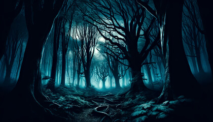 Fototapeta premium Haunting path winds through a mist forest of twisted trees. Ghotic forest.