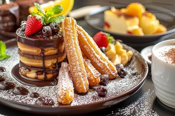 Indulgent Mexican desserts such as churros with chocolate dipping sauce, tres leches cake, flan, and Mexican chocolate desserts, satisfying your sweet tooth with rich flavors and textures. 