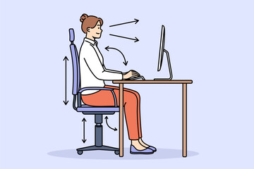 Woman demonstrates correct posture for working with computer, sitting with straight back at table with monitor. Girl follows rules of posture, typing on PC using ergonomic adjustable chair.