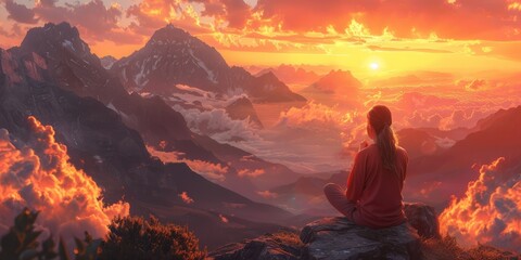 Contemplative Woman Gazing at Sunset in Mountains