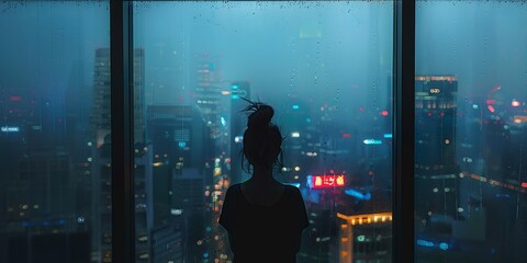 Silhouette of a woman standing by the window of a skyscraper taking in the view of the city in rain at dusk