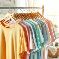 Airy and bright, colorful shirts hanging on wire hangers on a rack