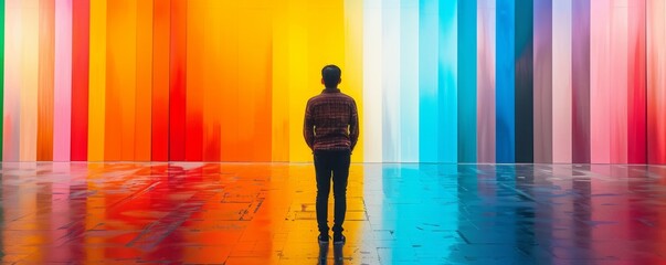 Man at an art gallery with vibrant colors making colorful stripes on the wall.