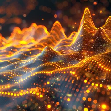 3D rendering of a golden trading graph rising from a digital landscape, innovation in finance , close up