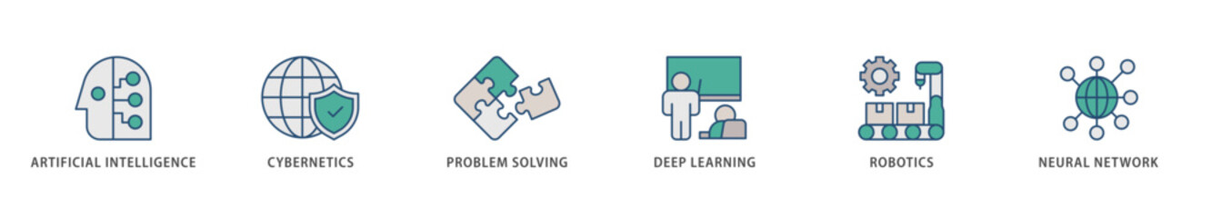 AI icons set collection illustration of cybernetics, problem solving, deep learning, machine learning, robotics and neural network icon live stroke and easy to edit 