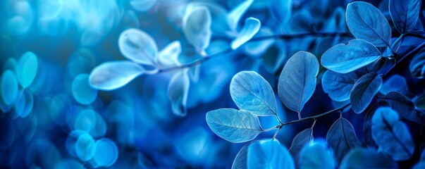 blue plant leaves in the nature in fall season, blue background