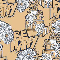 Gift box, ribbon and flowers seamless vector pattern for wrapping present with bow, party celebration, sale promotion, Textile print, fabric design, banner background. Hand drawn style illustration.