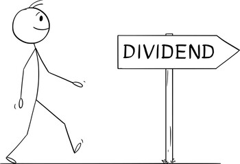 Equity investor goes for dividend, vector cartoon stick figure or character illustration.