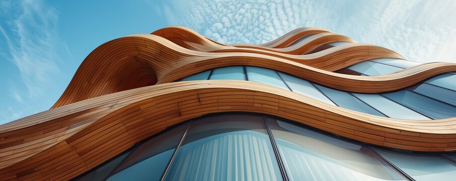 abstract building with wooden facade pattern on a blue sky background, flowing shapes, smooth architecture, and parametric walls.