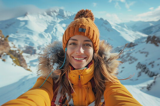 Happy woman in warm clothes taking a selfie with your friends while looking at screen in mountain background