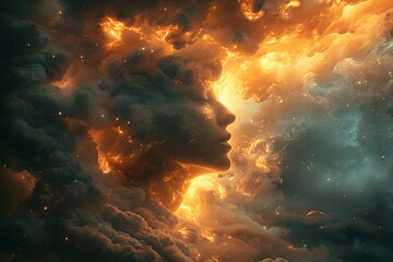 Ethereal Woman Merging with Cosmic Clouds and Fiery Nebula