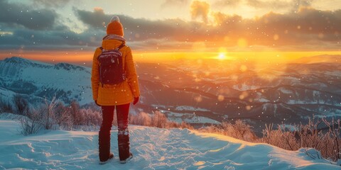 back view image of an unrecognizable woman in a yellow jacket standing and observing a sunset in a snowy mountain landscape