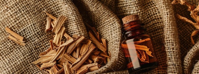 sandalwood essential oil on burlap background. selective focus