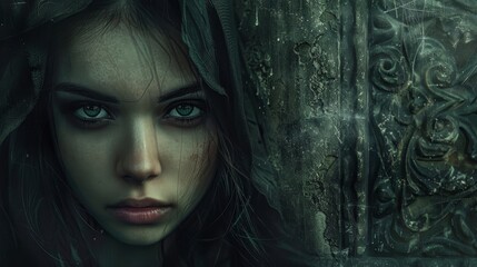 Close-up portrait of a beautiful gothic girl with green eyes