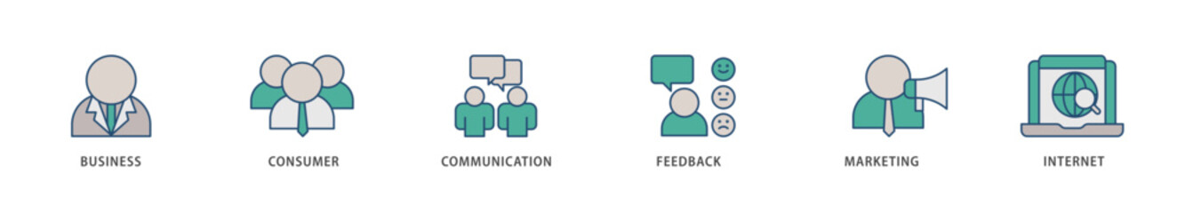 B2C icons set collection illustration of  business, consumer, communications, feedback, marketing, and internet  icon live stroke and easy to edit 