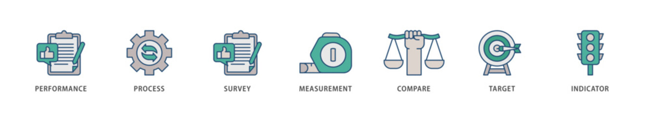 Benchmarking icons set collection illustration of performance, process, survey, measurement, compare, target, and indicator icon live stroke and easy to edit 