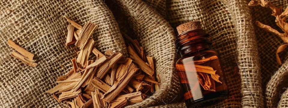 sandalwood essential oil on burlap background. selective focus