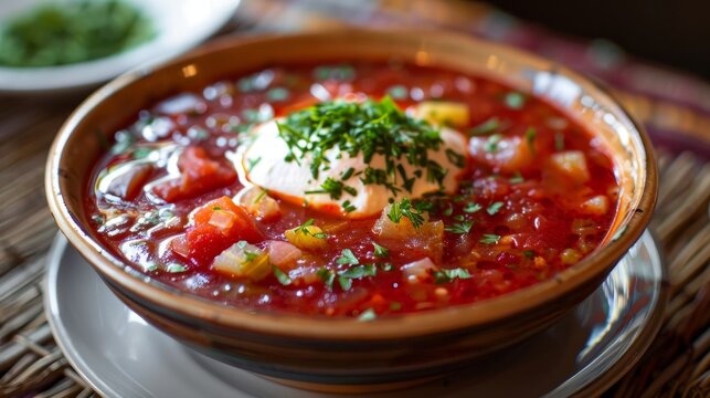 Ukrainian red borscht with sour cream and parsley