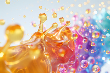 Illustration of abstract background waves and bubbles of different sizes, oil drops, 3d, illustration