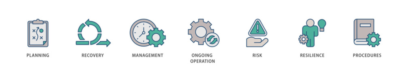 Business continuity icons set collection illustration of management, ongoing operation, risk, resilience, and procedures icon live stroke and easy to edit 