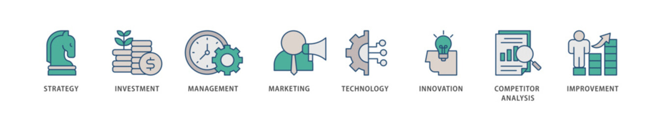 Business development icons set collection illustration of strategy, investment, management, marketing, technology, innovation icon live stroke and easy to edit 