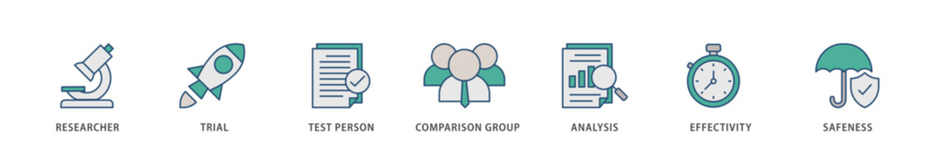 Clinical study icons set collection illustration of researcher, trial, test person, comparison group, analysis, effectivity, and safeness icon live stroke and easy to edit 
