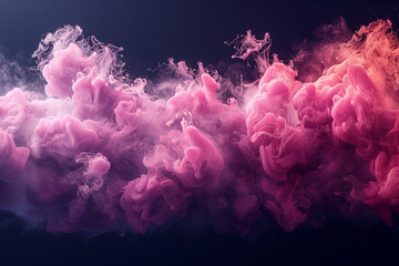 Illustration of magenta and pink fluffy pastel ink smoke cloud against black background, 3d, illustration