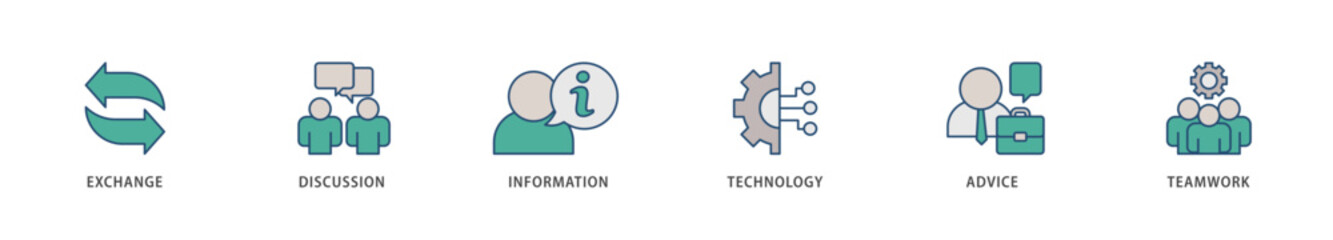 Communication icons set collection illustration of exchange, discussion, information, technology, advice, and teamwork icon live stroke and easy to edit 