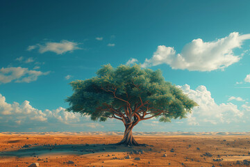 A lone tree in the middle of a desert, neural network, 3d, illustration