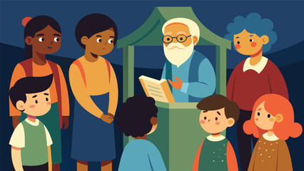 Children eagerly gather around the booth listening intently as their elders share the struggles and triumphs of their ancestors journey to freedom.. Vector illustration - obrazy, fototapety, plakaty