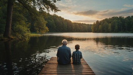 Nostalgic and memorable image of a Grandfather and 12 year old Grandson sitting together in nature on a dock overlooking a beautiful lake