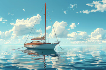 Scenic view of sailboat with wooden deck and mast with rope floating