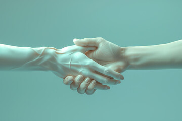 Illustration with two 3D hands, gesture of shaking hands or touching fingers on blue background, 3d render, illustration