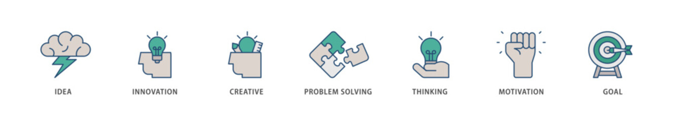 Creativity icons set collection illustration of idea, innovation, creative, problem solving, thinking, motivation, goal icon live stroke and easy to edit 