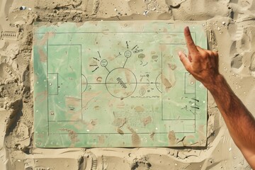 Worn football tactic board covered in sand