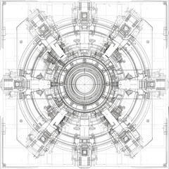 Futuristic technical blueprint of a complex circular structure.