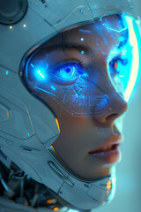 Futuristic woman cyborg with blue light on eye scanning retina checking information while looking away, 3d, illustration