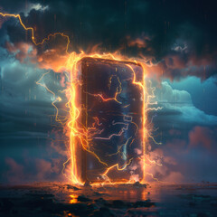 Smartphone struck by lightning under a stormy sky.