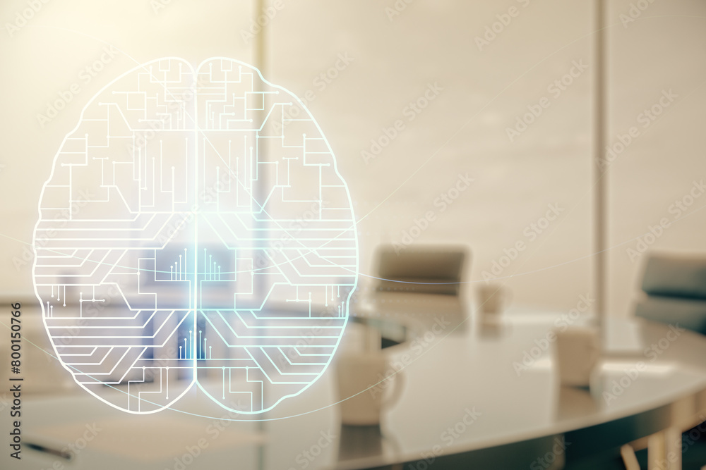 Poster virtual creative artificial intelligence hologram with human brain sketch on a modern coworking room