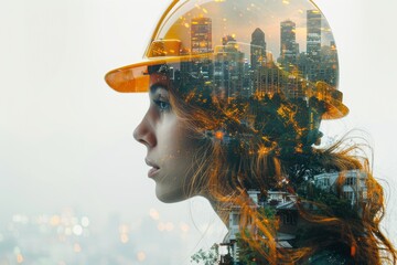 A Side portrait of a young female engineer with a ponytail wears yellow safety hard helmet with double exposure of construction and technology system on face, isolated on white background.