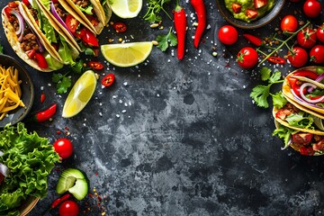 Vibrant Mexican tacos with fresh ingredients on a dark concrete background in a top view style vibe