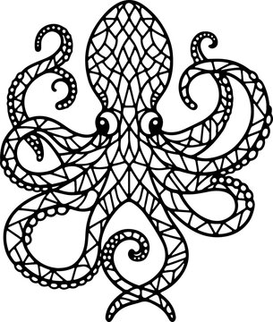 Animal mandala pieuvre dessin anim&eacute; style cartoon pour page ou livre de coloriage pour enfant. Isol&eacute; du fond, dessin au trait noir totalement transparent et pr&ecirc;t a colorier et ajuster