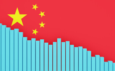 China, sinking bar chart with Chinese flag. Sinking economy, recession. Negative development of GDP, jobs, productivity, real estate prices, retail sales or falling industrial production.