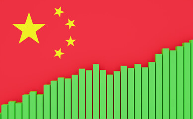 China, rising bar chart with Chinese flag. Emerging economy, growth. Positive development of GDP, jobs, productivity, real estate prices, retail sales or rising industrial production.