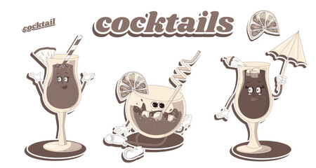 A set of mascots for bars and restaurants. A set of groovy cocktails in brown shades. A character from the 60s and 70s in a modern groovy style.