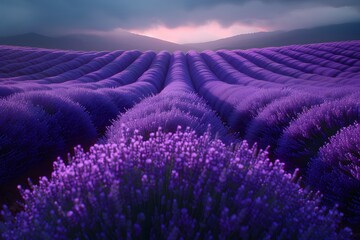 Majestic Lavender Fields at Sunset with Purple Hues and Rolling Hills