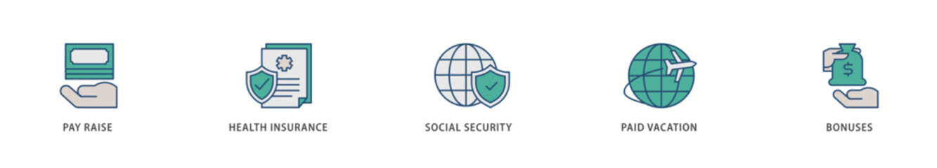 Employee benefits icons set collection illustration of pay raise, health insurance, social security, paid vacation and bonuses icon live stroke and easy to edit 