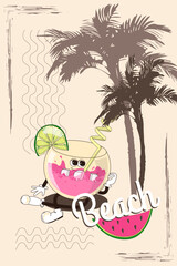 A retro poster or postcard for a summer cafe with a funny comic book character walking around. A character from the 60s and 70s in a modern groovy style. A mascot for bars and restaurants.