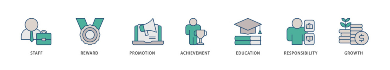 Employee motivation icons set collection illustration of staff, reward, promotion, achievement, education, responsibility and growth icon live stroke and easy to edit 