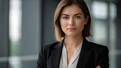 Portrait of a middle-aged businesswoman, Smiling confidently,  CEO, stands in her office with arms crossed. Professional, proud, and confident leader in a black suit.